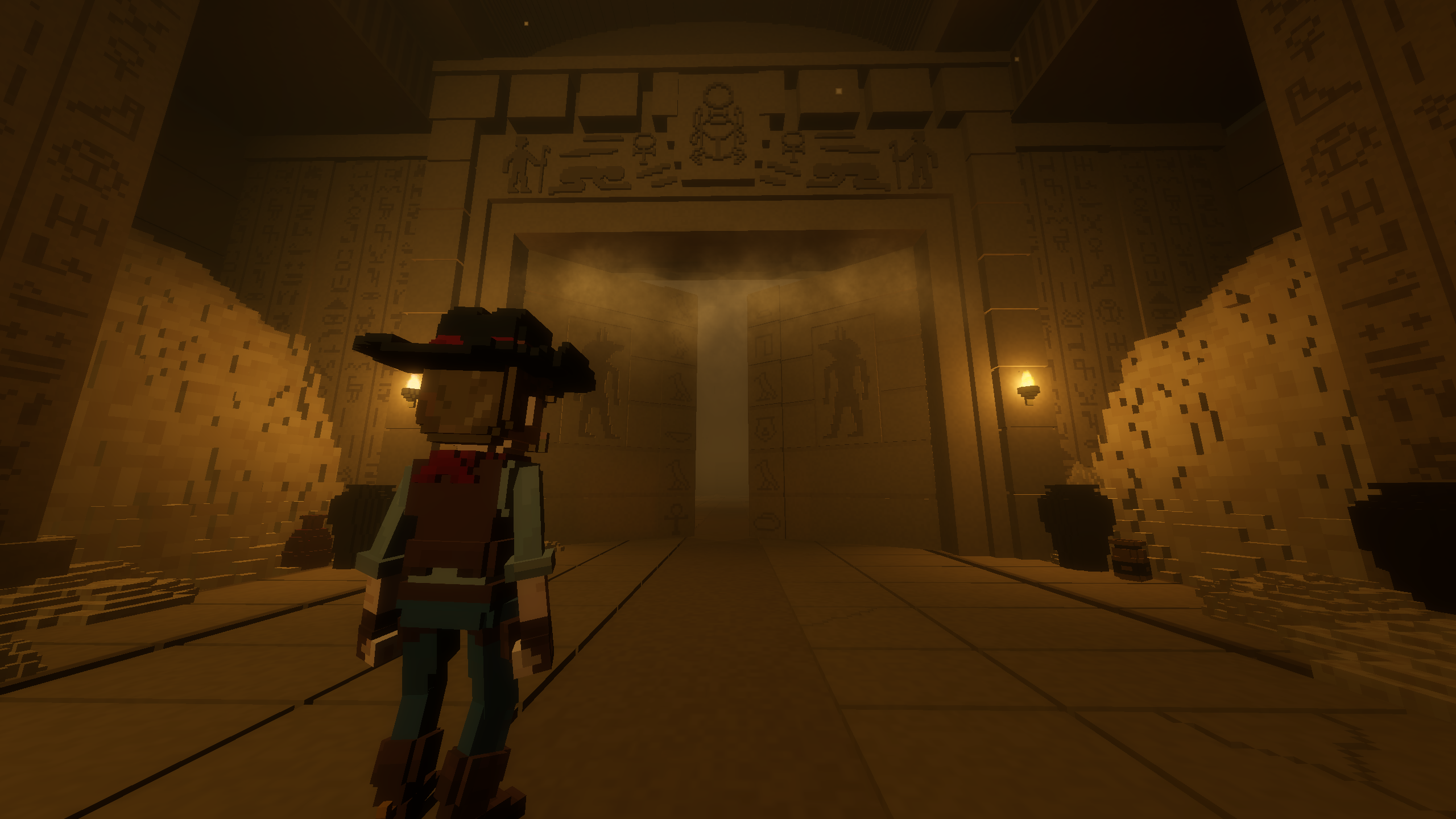 An explorer standing before a sealed temple entrance